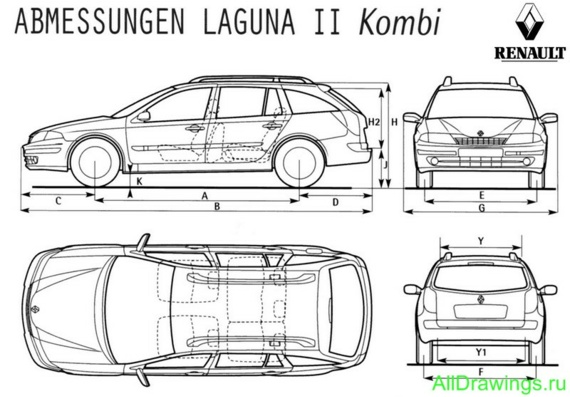 Renault Laguna II Combi (Рено Лагуна 2 Комби) - чертежи (рисунки) автомобиля